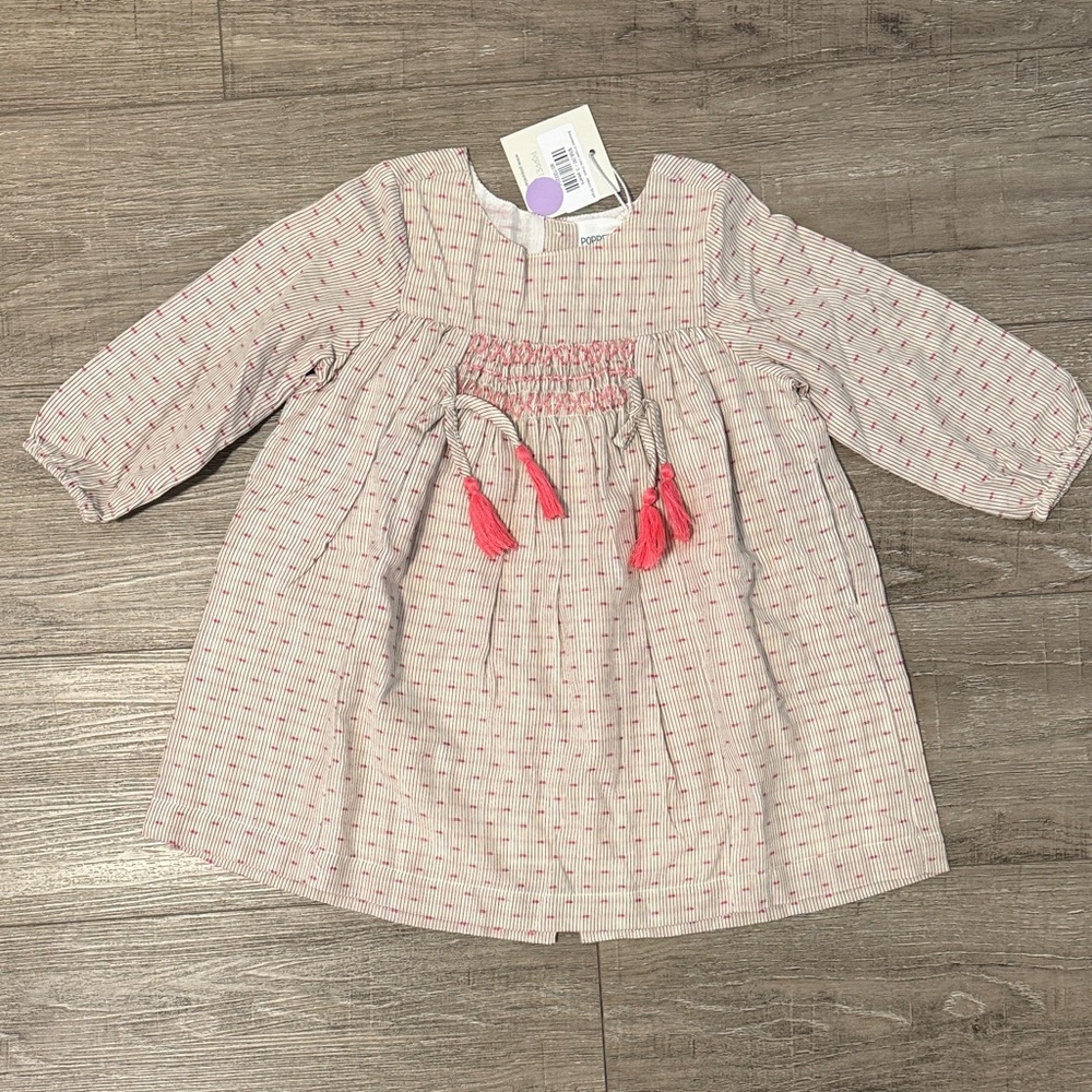 NWT Girls Pink Tassel Smocked Long-Sleeve Dress